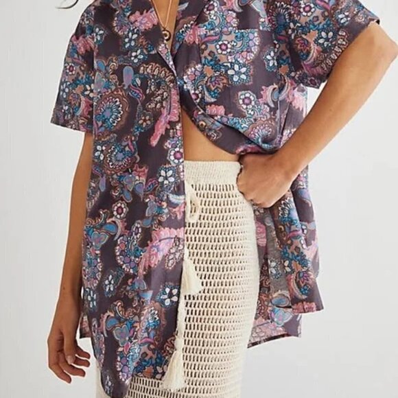 New Free People Poolside Printed Boyfriend Button Down Shirt Vintage Combo Gray - Picture 3 of 13